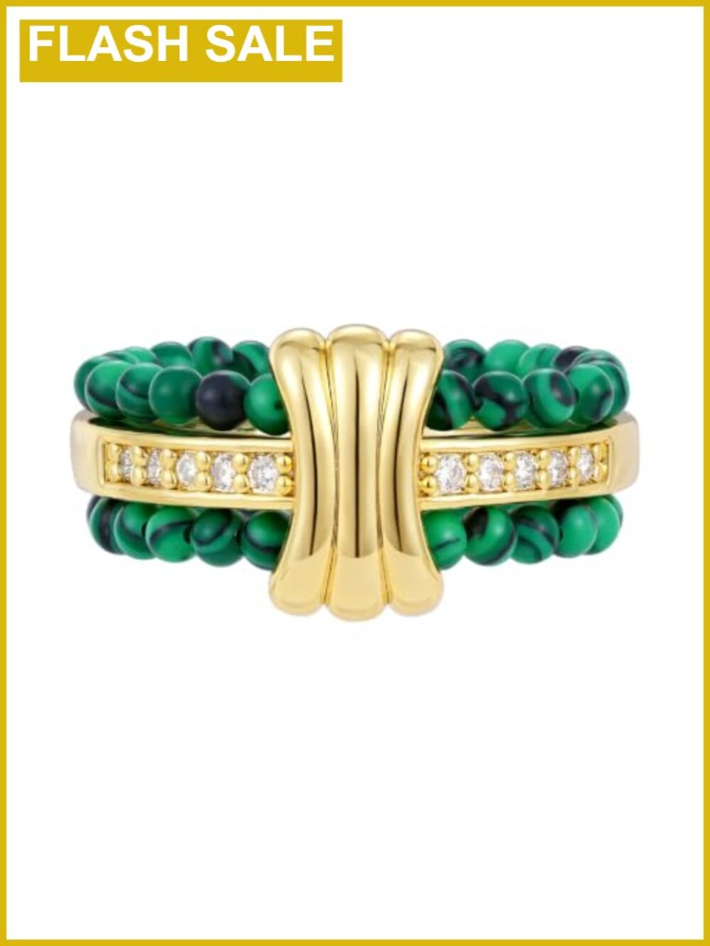 14K Gold Plated Stackable Ring Set CZ Natural Stone Beaded Band